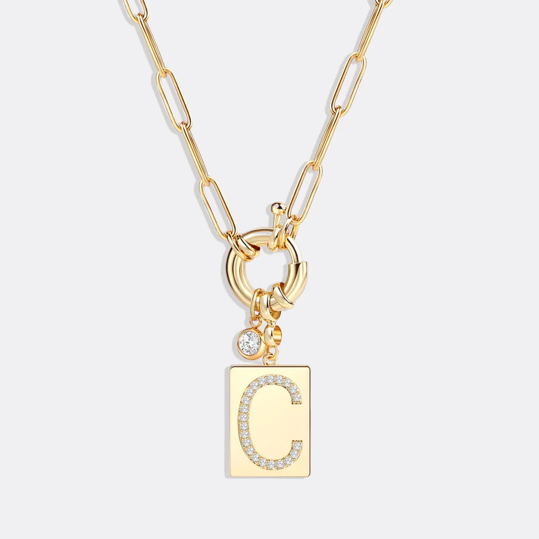 Pave Initial Pendant Necklace with Paperclip Chain
