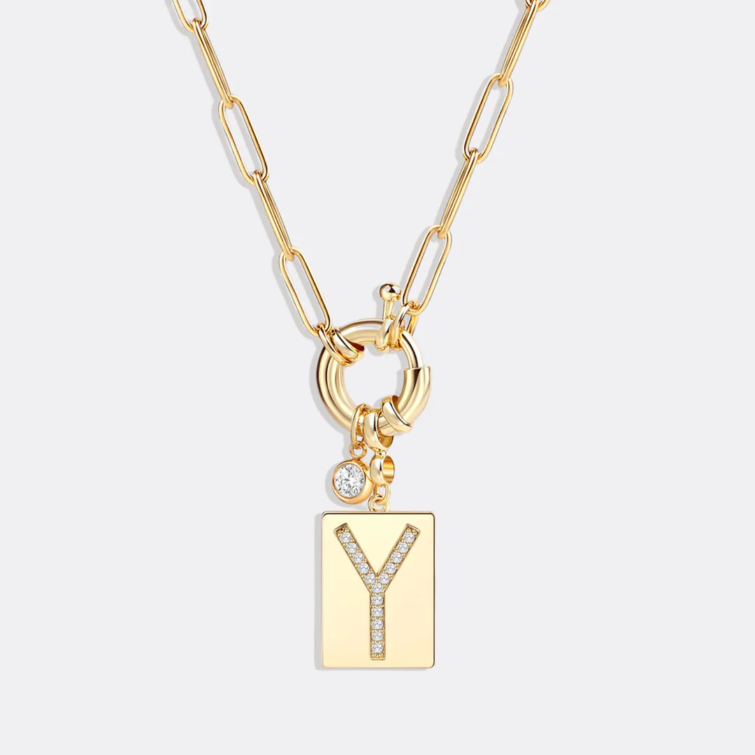 Pave Initial Pendant Necklace with Paperclip Chain