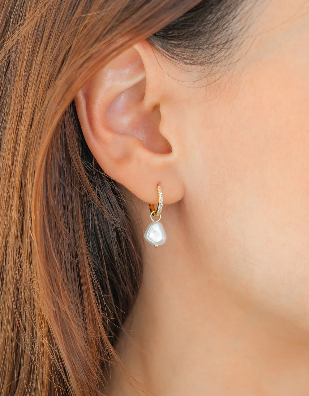 Freshwater Pearl Drop Pave Huggie Earrings