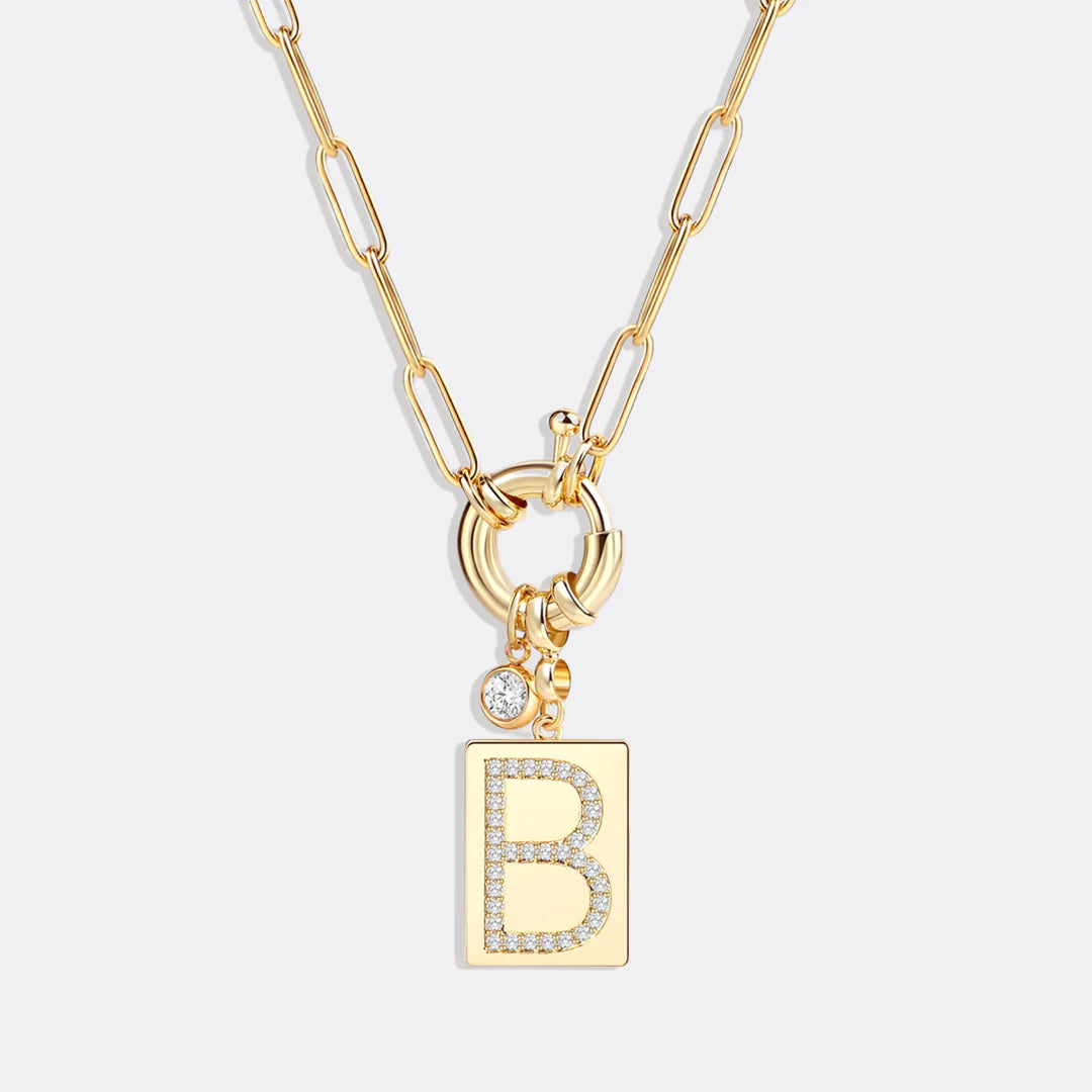 Pave Initial Pendant Necklace with Paperclip Chain