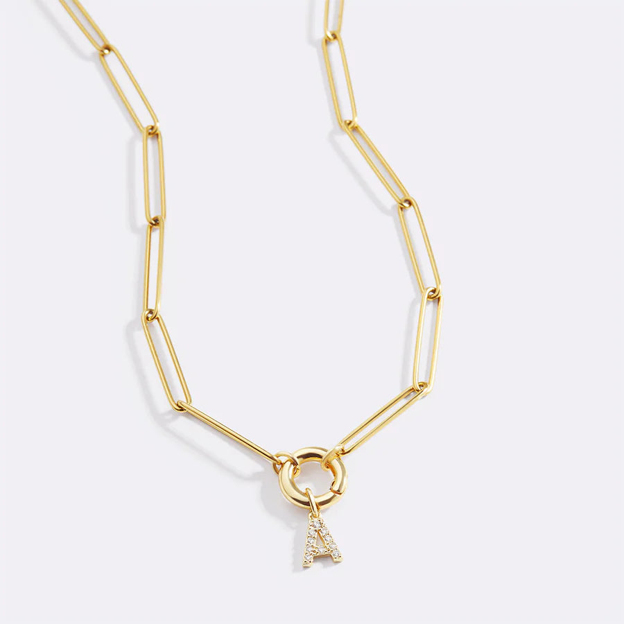 Pave Initial Charm with Charm Clasp Necklace