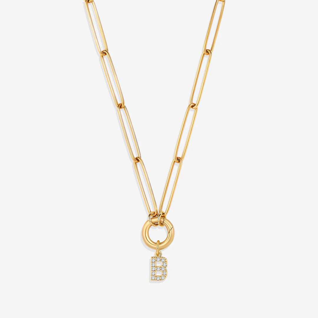 Pave Initial Charm with Charm Clasp Necklace