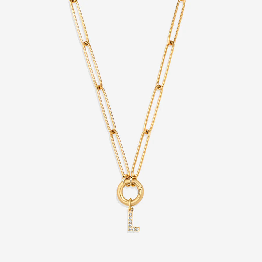 Pave Initial Charm with Charm Clasp Necklace