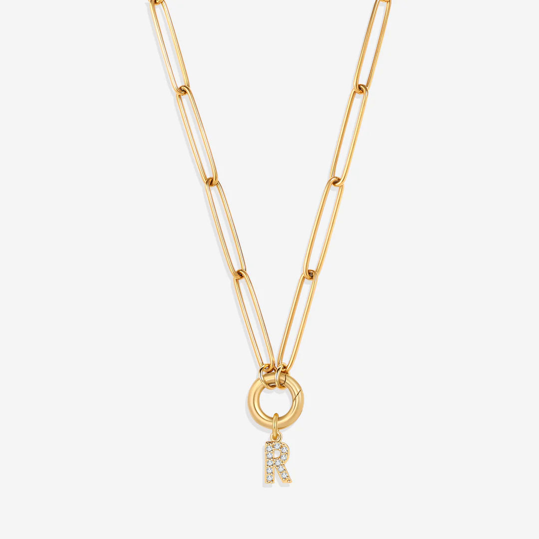 Pave Initial Charm with Charm Clasp Necklace