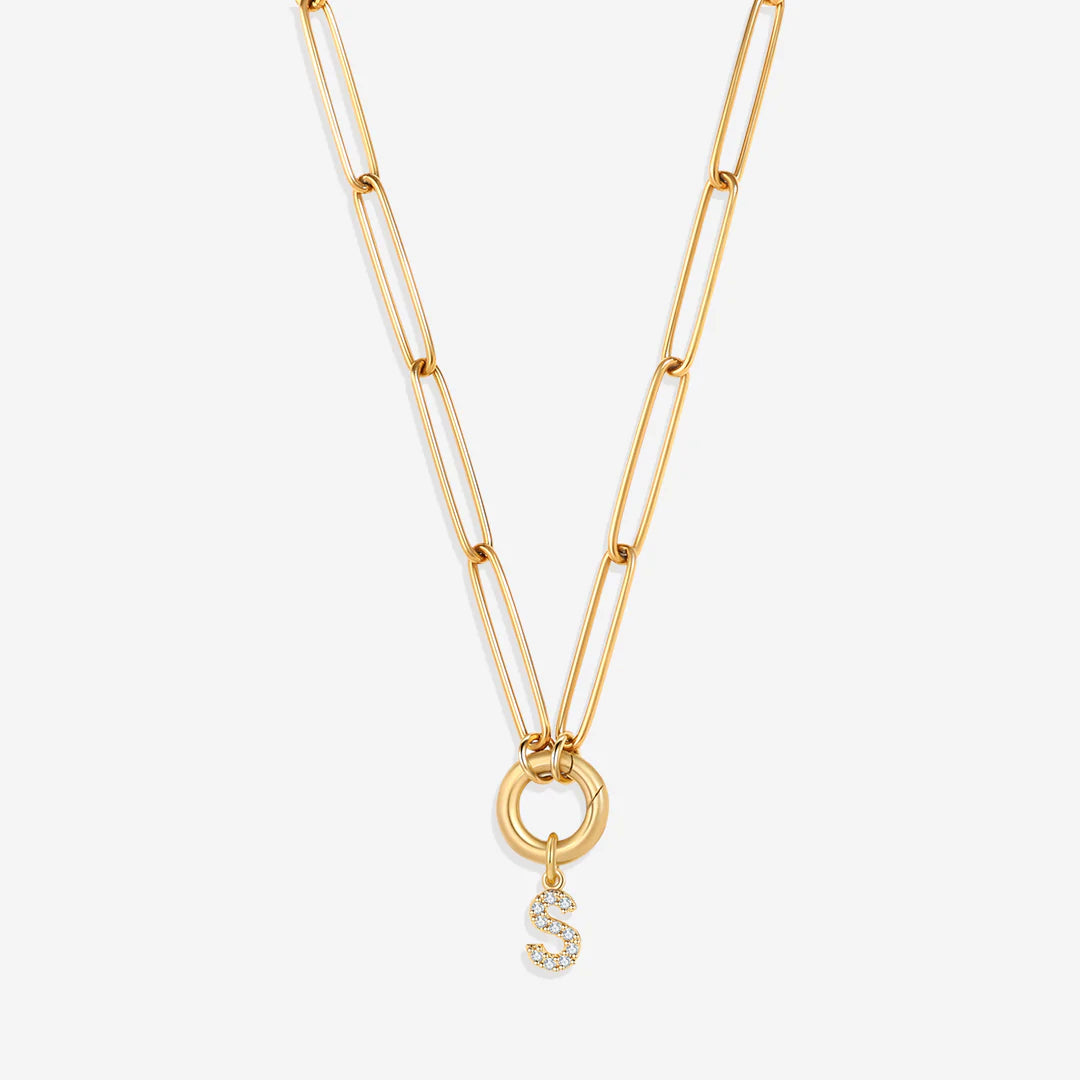 Pave Initial Charm with Charm Clasp Necklace
