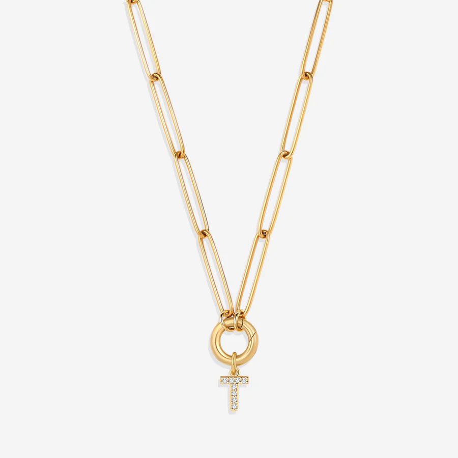 Pave Initial Charm with Charm Clasp Necklace