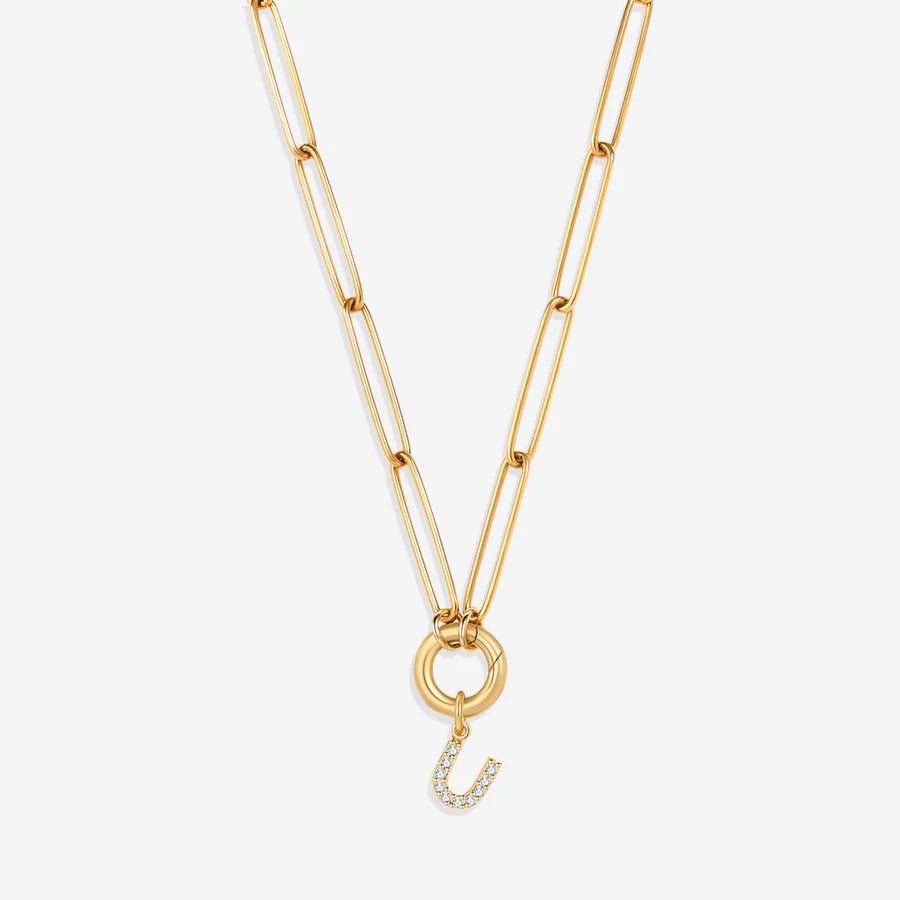 Pave Initial Charm with Charm Clasp Necklace