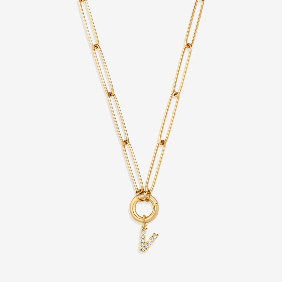 Pave Initial Charm with Charm Clasp Necklace