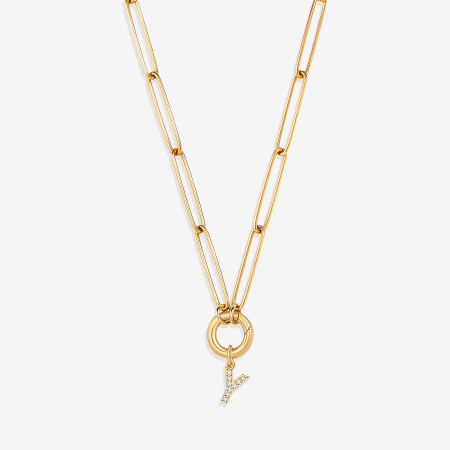 Pave Initial Charm with Charm Clasp Necklace