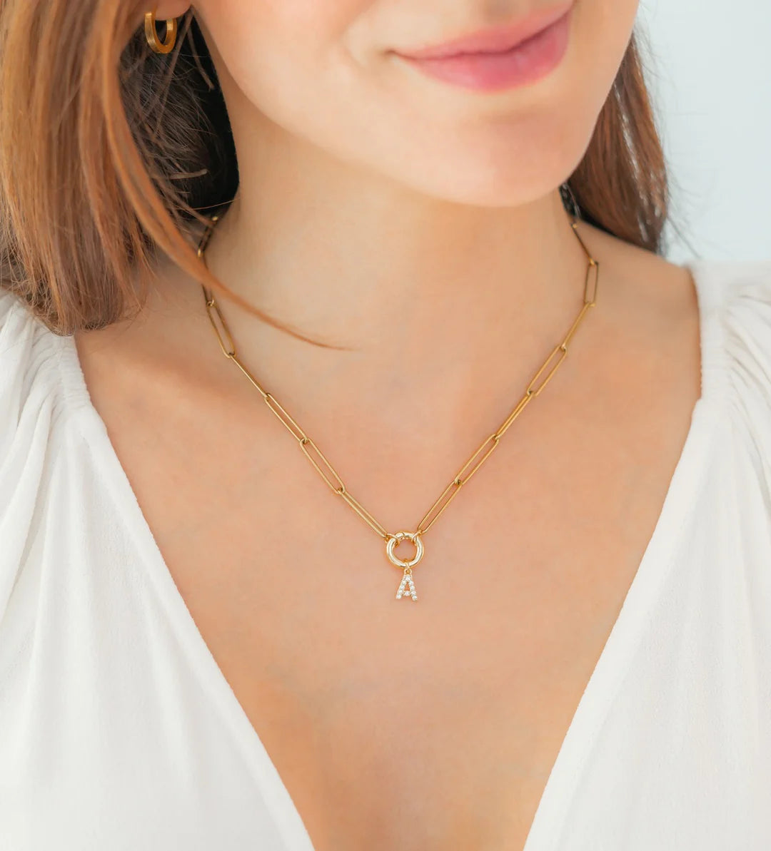 Pave Initial Charm with Charm Clasp Necklace